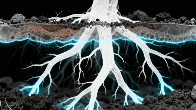 stylized x-ray effect showing root system under soil, perfect for world soil day
