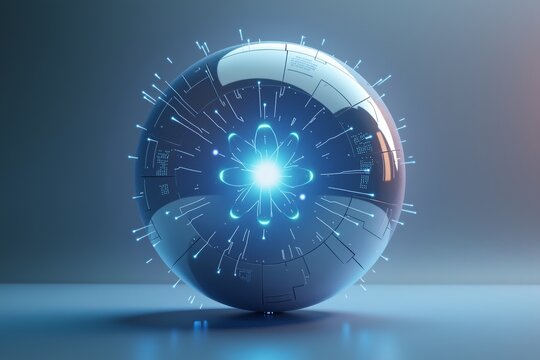 A futuristic, glowing sphere with a digital circuit design and an atomic core radiating blue energysymbolizing advanced technology or quantum computing in a sleek, minimalist setting.