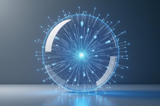 A futuristic, glowing sphere with a digital circuit design and an atomic core radiating blue energysymbolizing advanced technology or quantum computing in a sleek, minimalist setting. - Powered by Adobe