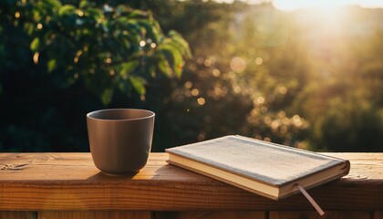 Serene morning ritual, a warm cup of coffee rests beside an open book on a wooden deck bathed in golden sunlight.