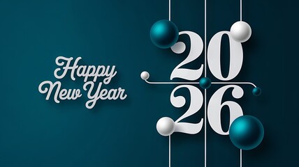 Elegant happy new year 2026 celebration with festive balloons and stylish typography on a deep teal background