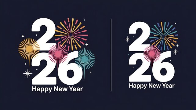 Two festive new year 2026 designs featuring bright fireworks displays and bold white typography celebrating the upcoming year