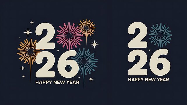 Happy new year 2026 celebration with colorful fireworks display and modern typography design