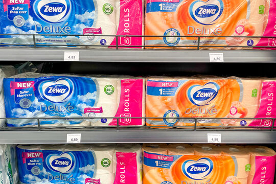Bar, Montenegro, 2 October 2025, Zewa brand toilet paper on shelf cosmetic store