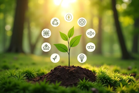 Young tree grows in forest, surrounded by glowing tech icons symbolizing sustainability and eco-friendly innovation under golden sunlight. - Powered by Adobe