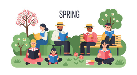 Diverse people reading in the Spring scenery, relaxing on the grass and bench