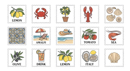 Collection of delightful stamp illustrations featuring lemons, crabs, drinks, and various seaside elements