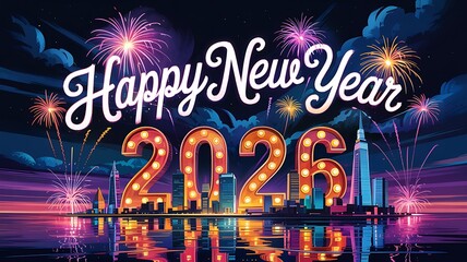 Spectacular new year s eve celebration with glowing 2026 numbers and vibrant fireworks illuminating a modern city skyline at night