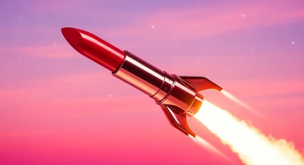 A creative 3d render of a lipstick rocket ship flying through a pink and purple sky with stars, a beauty and fashion concept