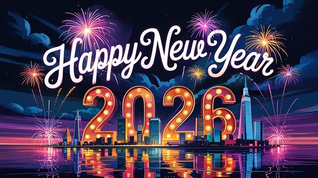 Spectacular new year s eve celebration with glowing 2026 numbers and vibrant fireworks illuminating a modern city skyline at night