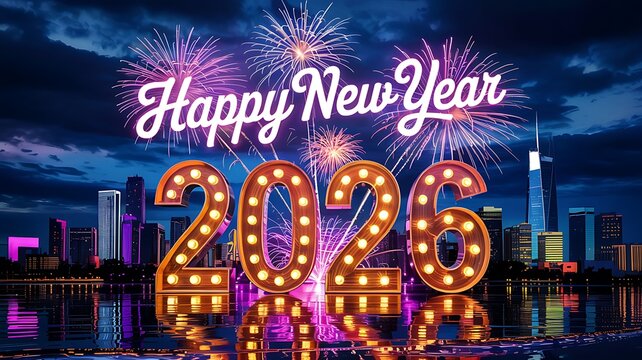Vibrant happy new year 2026 celebration with glowing marquee numbers fireworks and a modern city skyline reflected on water