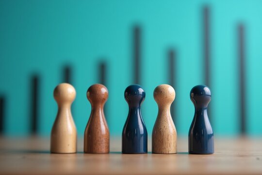 Five wooden figures stand before a teal bar graph, symbolizing diverse teams or data-driven decision-making in business strategy.