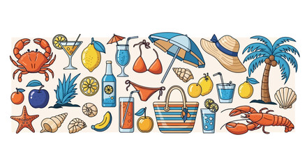 Naklejka premium Summer Vacation Essentials A Colorful Collection of Beach Items and Refreshing Drinks