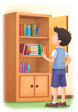Boy Selecting Book from Bookshelf