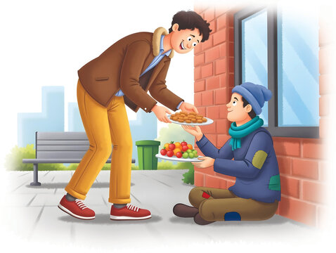 Kind Man Helping Homeless Person by Giving Food