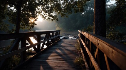 Wooden bridge leading into a misty forest with a radiant sun breaking through the trees at dawn.