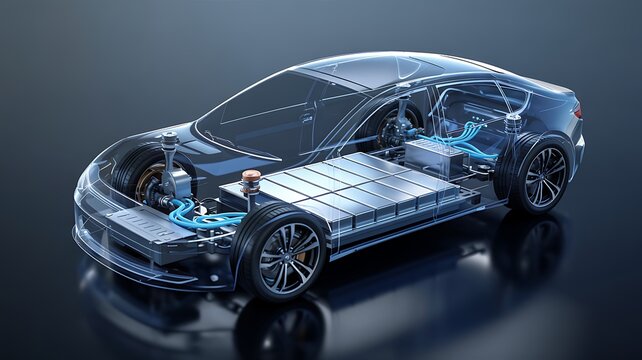 Transparent electric car showing detailed internal components including battery pack motor and chassis on a dark background