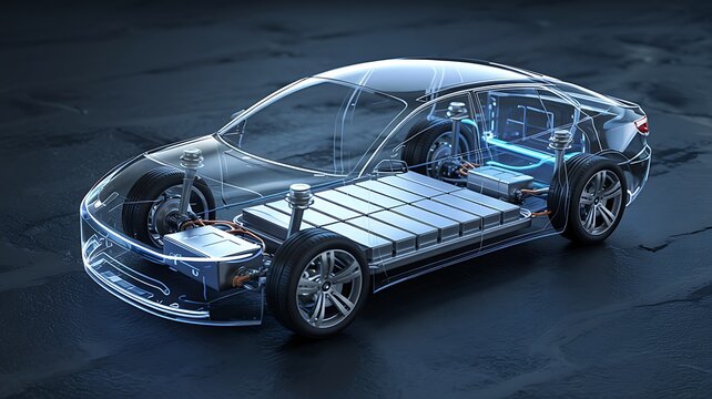 Transparent electric car showcasing its internal battery pack and futuristic technology on a dark background