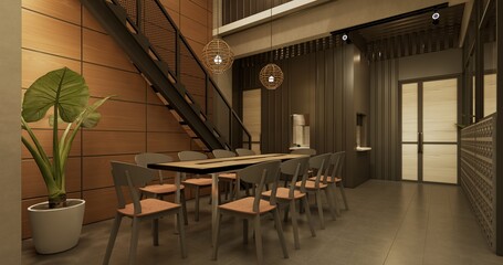 Modern industrial café exterior and interior design with warm lighting, wooden furniture, and open space layout.