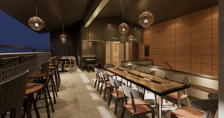 Modern industrial café exterior and interior design with warm lighting, wooden furniture, and open space layout.