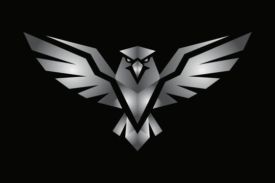 A stylized silver eagle with spread wings, set against a black background.
