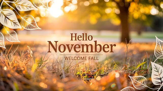 Warm autumn sunset welcomes hello november with golden light and falling leaves in a serene park landscape