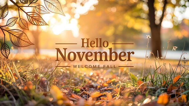 Warm autumn sunlight illuminates a forest floor covered in fallen leaves welcoming the month of november - Powered by Adobe