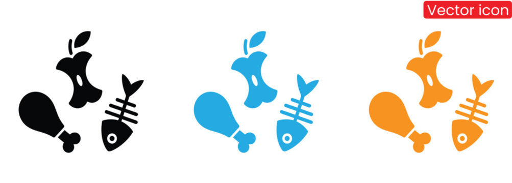 Discarded food waste icons showing apple core, fish bone, and chicken leg,Food waste vector  icon illustration.