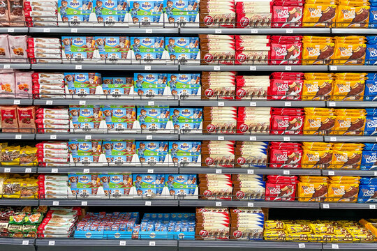 Bar, Montenegro, 17 October 2025, Various sweets snacks on shelf of supermarket
