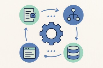 Visual representation of systematization and data management with interconnected concepts emphasizing efficiency and organization through digital symbols and graphical elements