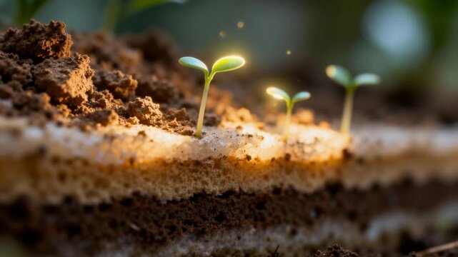 small seedlings glowing softly inside soil layers, perfect for world soil day