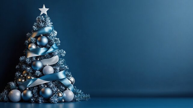 Elegant Blue and Silver Christmas Tree with Ribbon and Star on Dark Background for Holiday Cards and Winter Decor