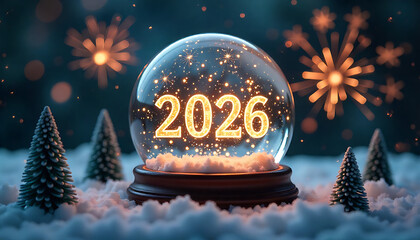 A snow globe with the year 2026 inside and Christmas trees, 32K Resolution