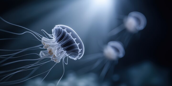 Elegant jellyfish floating gracefully in deep sea oceanic environment showcasing transparency bioluminescence tentacles and delicate marine life