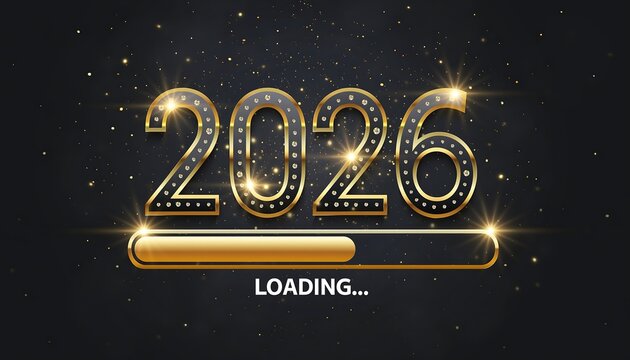 Golden 2026 year number illuminated with sparkles and stars above a loading bar indicating future anticipation