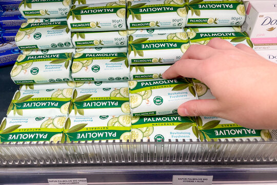 Bar, Montenegro, 2 October 2025, Palmolive soap shelf cosmetic supermarket store