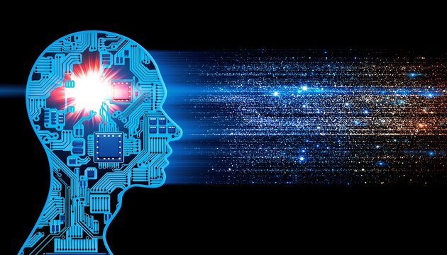 Digital human head silhouette with glowing brain and data streams representing artificial intelligence and information flow