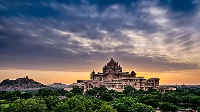 Dramatic Sunset Timelapse Over Umaid Bhawan Palace in Jodhpur Rajasthan.