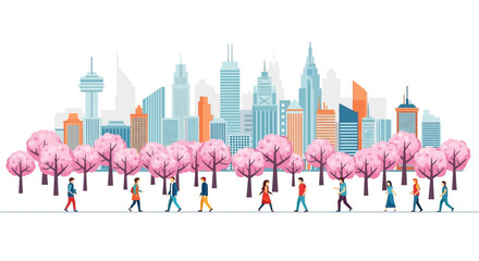 Cityscape with blooming cherry blossoms and people walking along a street in spring