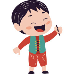 Joyful cartoon boy with dark hair wearing a red shirt teal vest and red shorts holds a pencil in his hand with a wide open mouth and happy expression isolated on white background