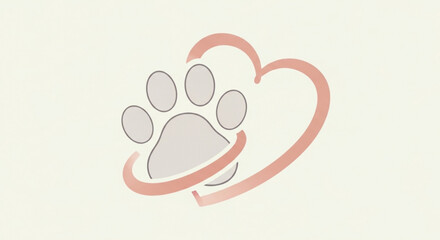 Pet care concept, paw print with heart shape, modern line art design with pink and beige colors