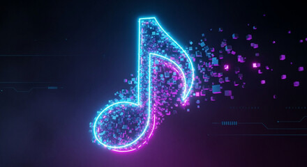 Vibrant neon music note with a glowing outline and a dark background, creating a modern and energetic feel for music related content