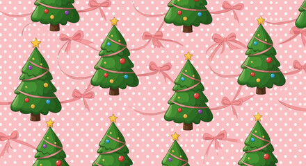 Festive Christmas Tree Pattern on Pink Polka Dot Background with Bows