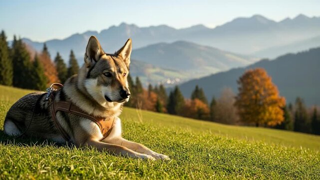 Domesticated wolf dog hybrid resting on grassy hillside with mountains in background