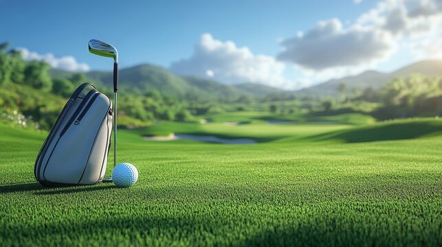 A Stunning Golf Course Landscape with Elegant Golf Equipment for Enthusiasts and Avid Players