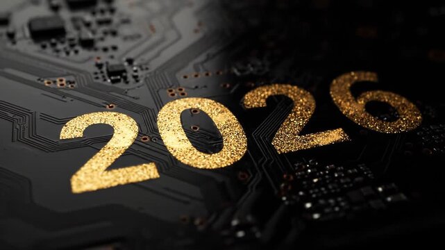 Glittering gold year 2026 numbers on dark circuit board background