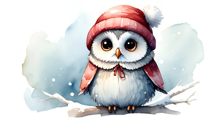 owl with cute expression in winter season, Generative AI