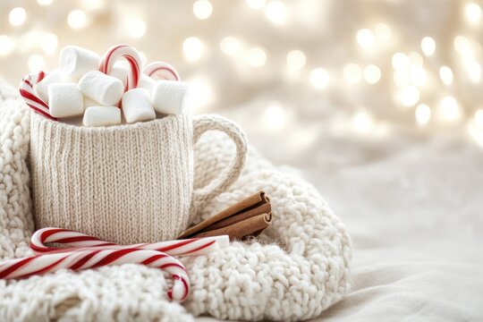 Cozy winter drink with marshmallows and candy canes in a knitted mug