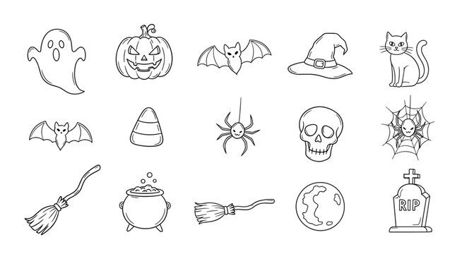 A charming hand-drawn doodle collection of classic Halloween elements, meticulously arranged as a line icon set on a clean white background, featuring a ghost, pumpkin, bat, witch hat, black cat - Powered by Adobe