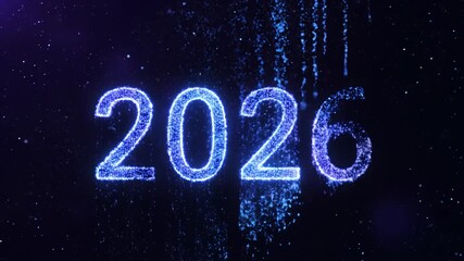 Glowing blue digital numbers 2026 floating in dark starry space with sparkling particles - Powered by Adobe